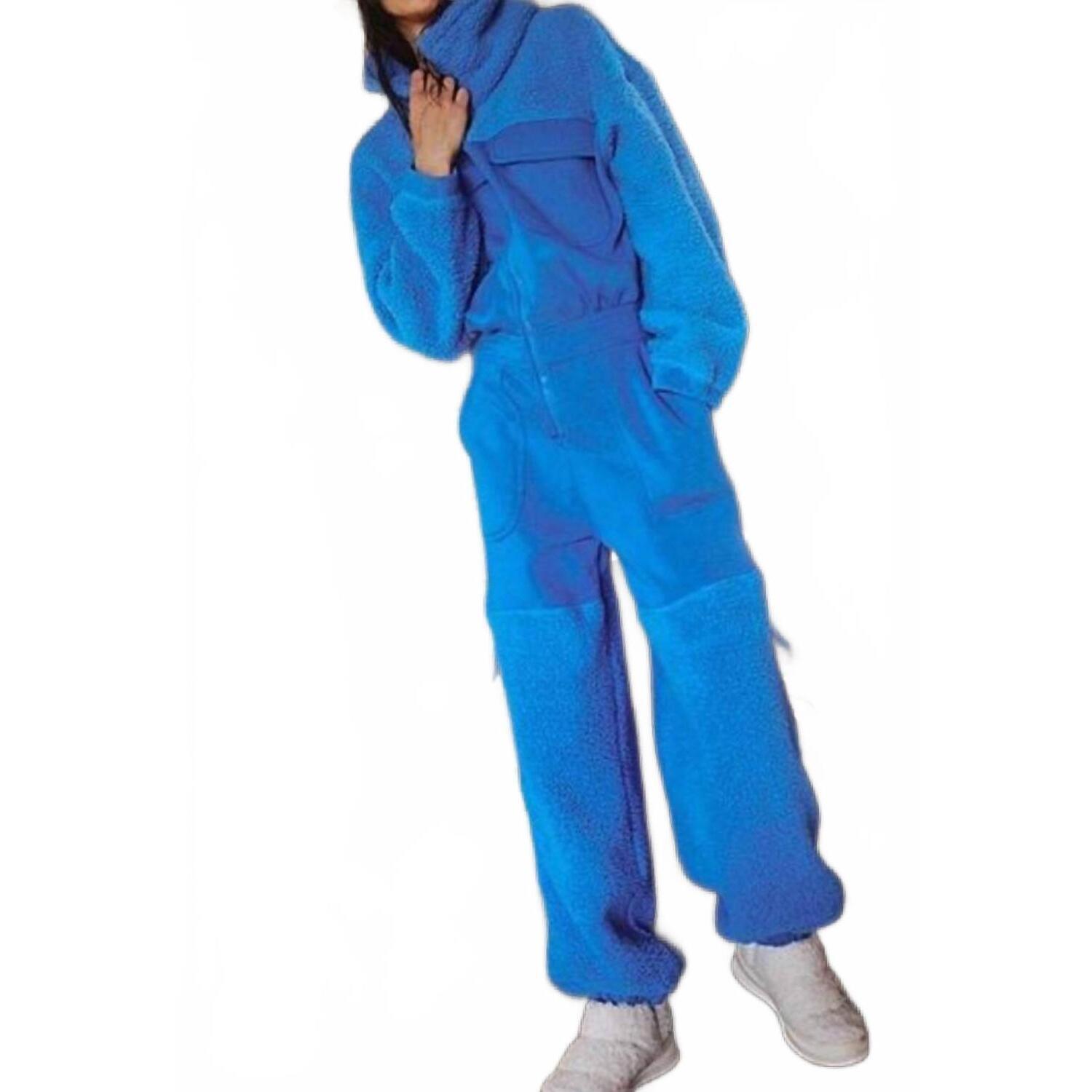New Fp Movement Salopette Fleece Coverall Jumpsuit In Riviera Blue